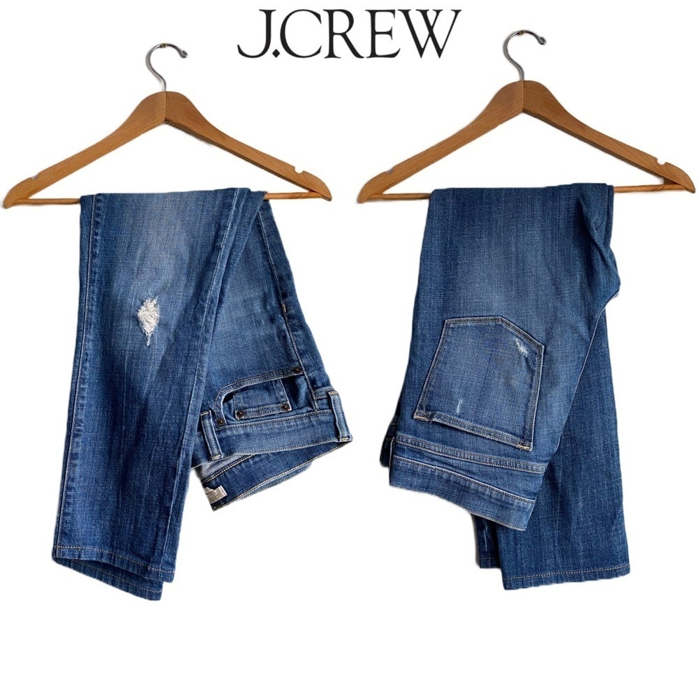 JCrew Stretch Straight Mid Rise Distressed Fade Jeans Blue Rip Cotton Relaxed 29